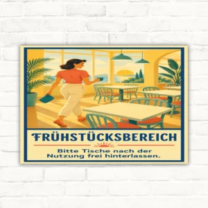Hinweisschild mit Frühstücksbereich und Text „Bitte Tische nach der Nutzung frei hinterlassen“ als bedruckte Platte.