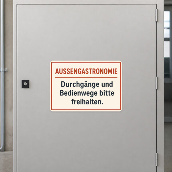 KI-generiertes Anwendungsbeispiel: Außengastronomie Aufkleber an glatter Fläche mit Hinweis zu freien Bedienwegen.