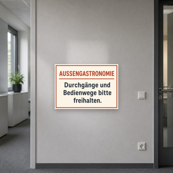 KI-generiertes Anwendungsbeispiel: Außengastronomie Schild „Durchgänge und Bedienwege bitte freihalten“ an Terrassenwand.