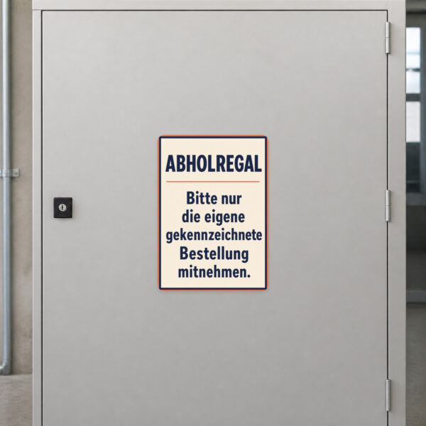 KI-generiertes Anwendungsbeispiel: Abholregal Aufkleber auf grauer Wand mit lila Motiv und Hinweis zur eigenen Bestellung.