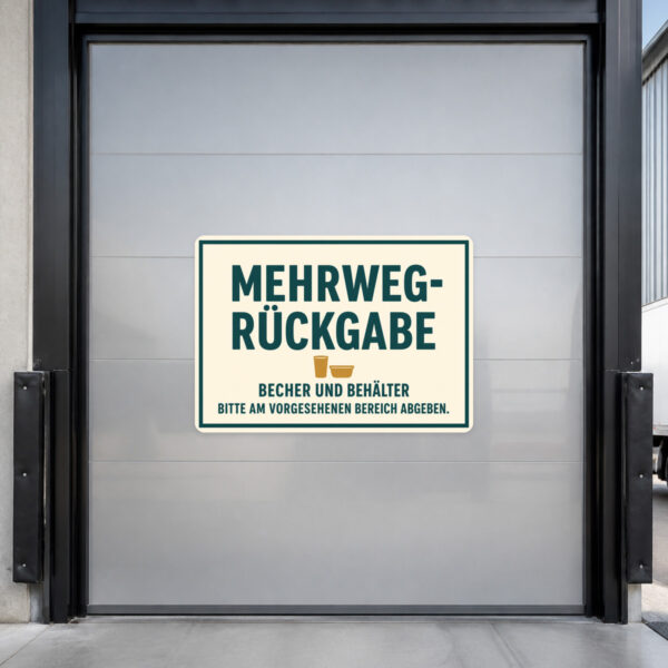 KI-generiertes Anwendungsbeispiel: Mehrweg Rückgabe Aufkleber auf grauem Untergrund mit cremefarbener Illustration.