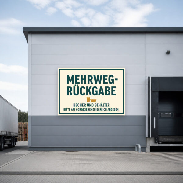 KI-generiertes Anwendungsbeispiel: Mehrweg Rückgabe Schild mit Café-Motiv und Hinweis für Becher und Behälter.