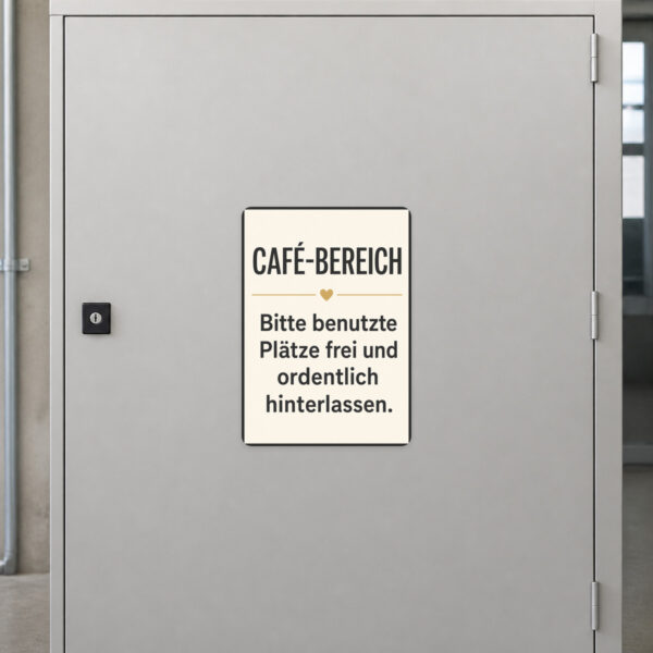 KI-generiertes Anwendungsbeispiel: Café-Bereich Aufkleber mit Hinweis für freie und ordentliche Sitzplätze im Café.