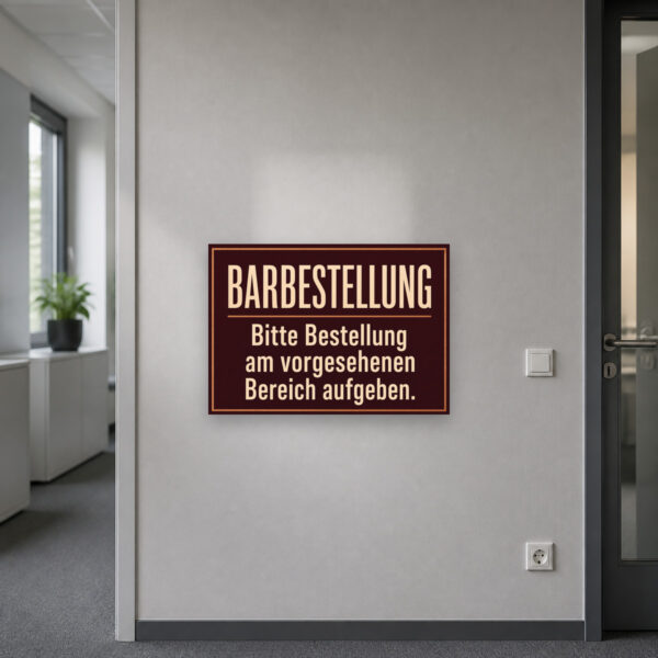 KI-generiertes Anwendungsbeispiel: Barbestellung Schild – Bitte Bestellung am vorgesehenen Bereich aufgeben am passenden Einsatzort mit gut sichtbarem Motiv und klarer Beschriftung.