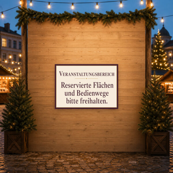 KI-generiertes Anwendungsbeispiel: Veranstaltungsbereich Schild für reservierte Flächen und freizuhaltende Bedienwege.