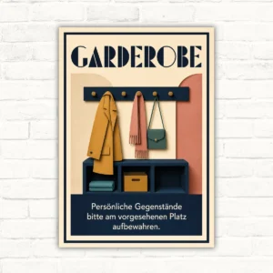 Garderobe Schild persönliche Gegenstände am vorgesehenen Platz aufbewahren mit gut lesbarem Motiv und klarer Beschriftung als bedrucktes Schild aus Aluminium-Verbundplatte.