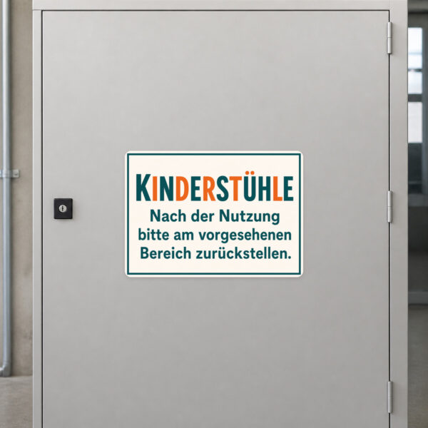 KI-generiertes Anwendungsbeispiel: Kinderstühle zurückstellen Aufkleber auf grauem Untergrund mit grünem Rahmen.