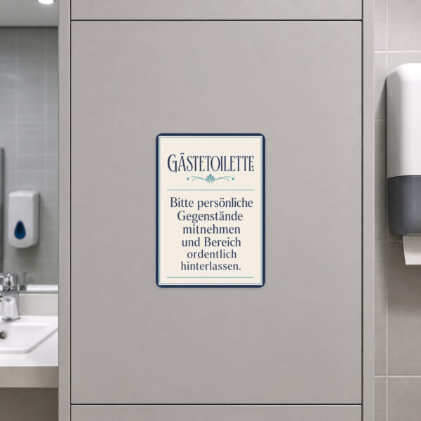 KI-generiertes Anwendungsbeispiel: Gästetoilette Aufkleber mit bordeauxfarbenem Hinweisfeld an grauer Wand.