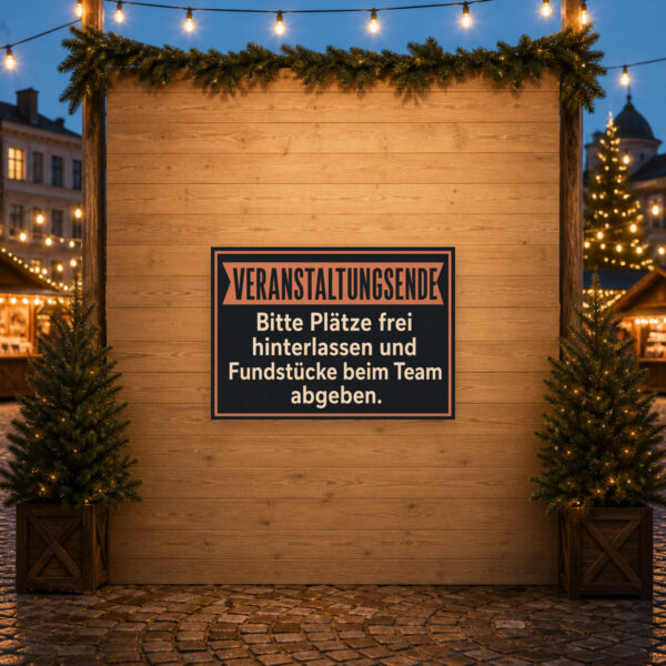 KI-generiertes Anwendungsbeispiel: Veranstaltungsende Schild für Eventlocation mit Hinweis zu freien Plätzen und Fundstücken.