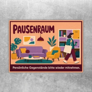 Pausenraum Aufkleber im Querformat mit Sofa, Pflanzen und Hinweis: Persönliche Gegenstände bitte wieder mitnehmen.
