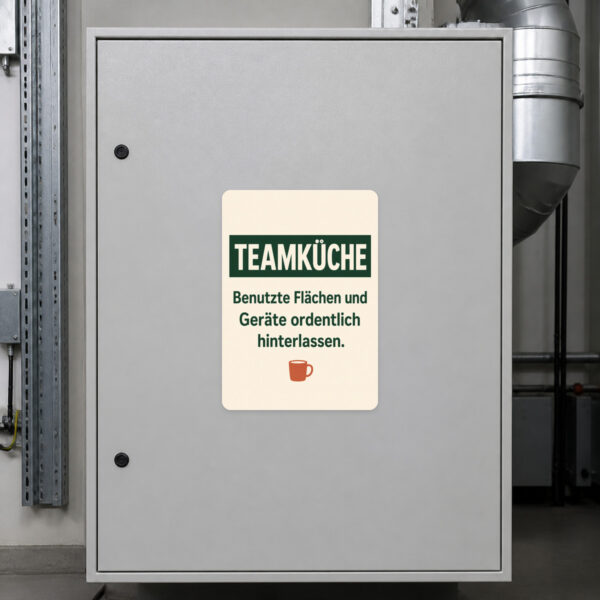 KI-generiertes Anwendungsbeispiel: Teamküche Aufkleber an Küchenwand mit Hinweis zu sauberen Flächen und Geräten.