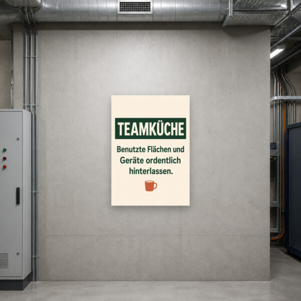 KI-generiertes Anwendungsbeispiel: Teamküche Schild mit Hinweis „Benutzte Flächen und Geräte ordentlich hinterlassen“ an Wand.