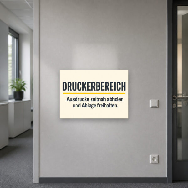 KI-generiertes Anwendungsbeispiel: Druckerbereich Schild – Ausdrucke zeitnah abholen und Ablage freihalten am passenden Einsatzort mit gut sichtbarem Motiv und klarer Beschriftung.