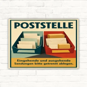 Poststelle Schild mit der Aufschrift „Eingehende und ausgehende Sendungen bitte getrennt ablegen“ und zwei Ablagekörben.