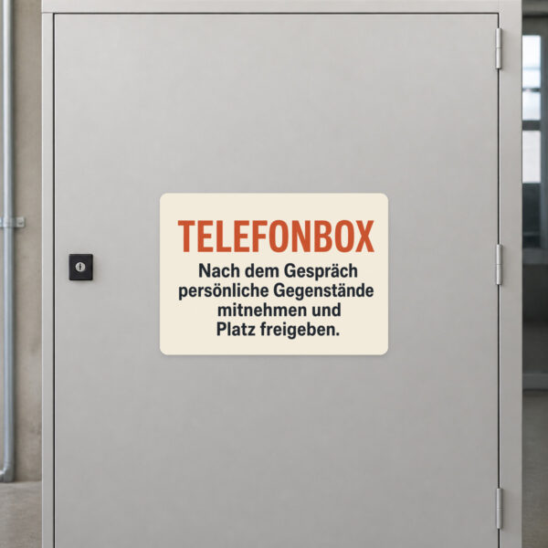KI-generiertes Anwendungsbeispiel: Telefonbox Aufkleber im Querformat als Hinweis an einer Gesprächskabine.