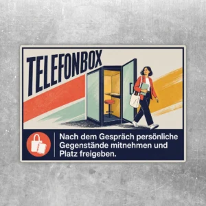 Telefonbox Aufkleber im Retro-Design mit Hinweis, persönliche Gegenstände mitzunehmen und den Platz freizugeben.