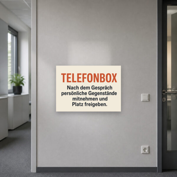 KI-generiertes Anwendungsbeispiel: Telefonbox Schild mit Hinweis zum Mitnehmen persönlicher Gegenstände und Platzfreigeben.