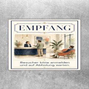 Empfang Aufkleber mit Illustration einer Rezeption und Text Besucher bitte anmelden und auf Abholung warten.