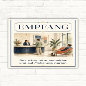 Empfang Schild mit Wortlaut „Besucher bitte anmelden und auf Abholung warten.“ und illustrativer Rezeption im Hochformat.