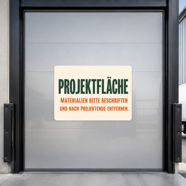 KI-generiertes Anwendungsbeispiel: Projektfläche Aufkleber auf grauem Untergrund mit buntem Organisationsmotiv.