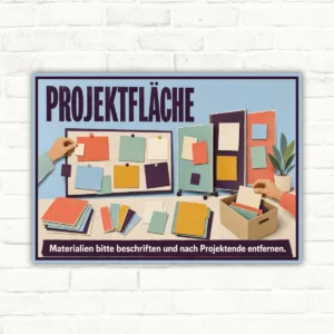 Projektfläche Schild mit Text „Materialien bitte beschriften und nach Projektende entfernen.“ als farbiges Hinweisschild.