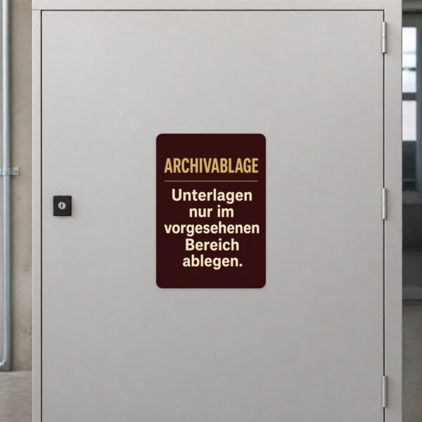 KI-generiertes Anwendungsbeispiel: Archivablage Aufkleber auf grauer Wand mit braunem Motiv und Hinweistext zur Unterlagenablage.