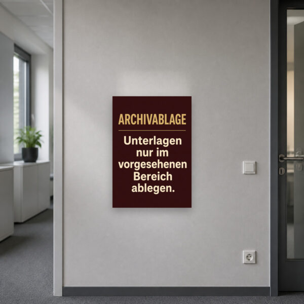 KI-generiertes Anwendungsbeispiel: Archivablage Schild – Unterlagen nur im vorgesehenen Bereich ablegen am passenden Einsatzort mit gut sichtbarem Motiv und klarer Beschriftung.