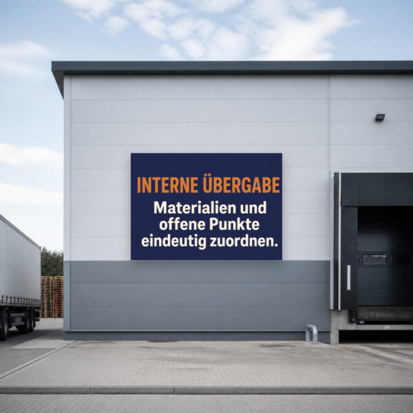 KI-generiertes Anwendungsbeispiel: Interne Übergabe Schild für Büro oder Lager mit klarer Zuordnung offener Punkte.