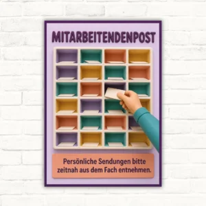 Mitarbeitendenpost Schild mit Postfächern und Text: Persönliche Sendungen bitte zeitnah aus dem Fach entnehmen.