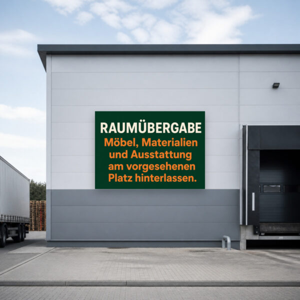 KI-generiertes Anwendungsbeispiel: Raumübergabe Schild für Besprechungsraum mit Hinweis zu Möbeln und Ausstattung am Platz.