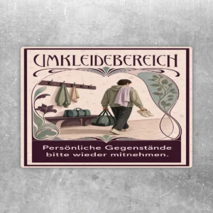 Umkleidebereich Aufkleber mit Person, Sporttasche und Hinweis Persönliche Gegenstände bitte wieder mitnehmen.
