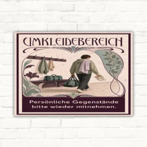 Umkleidebereich Schild mit Text „Persönliche Gegenstände bitte wieder mitnehmen“ und nostalgischer Garderobenillustration.
