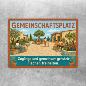 Gemeinschaftsplatz Aufkleber mit mediterraner Platzszene und Hinweis, Zugänge sowie gemeinsam genutzte Flächen freizuhalten.