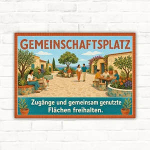 Gemeinschaftsplatz Schild – Zugänge und gemeinsam genutzte Flächen freihalten mit gut lesbarem Motiv und klarer Beschriftung als bedrucktes Schild aus Aluminium-Verbundplatte.