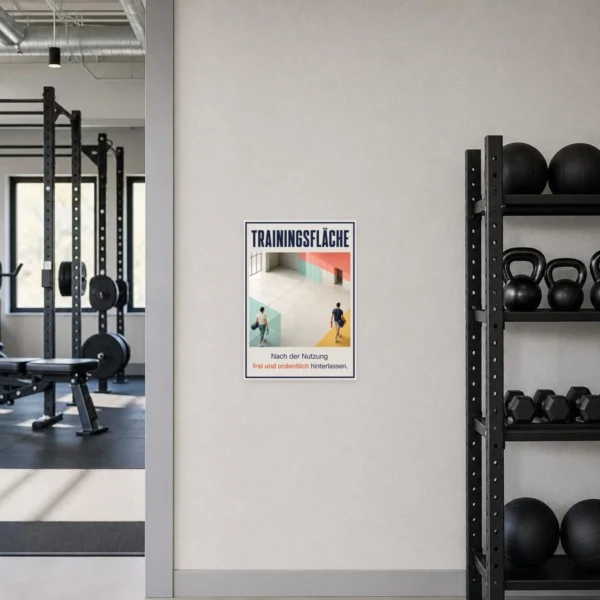 KI-generiertes Anwendungsbeispiel: Trainingsfläche Aufkleber an Betonwand mit Sportmotiv und Ordnungshinweis.