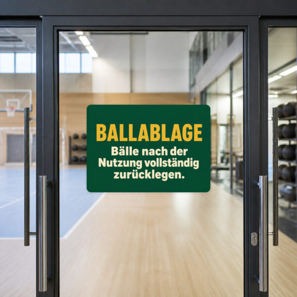 KI-generiertes Anwendungsbeispiel: Ballablage Aufkleber mit türkisfarbener Ablage und bunten Bällen im Sportbereich.