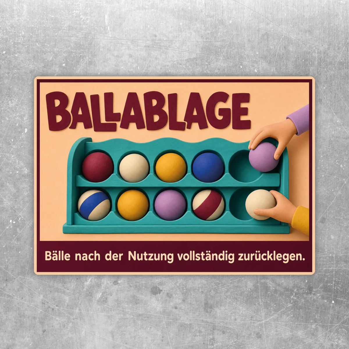 Ballablage Aufkleber im Querformat mit bunten Bällen und Hinweis zum vollständigen Zurücklegen nach der Nutzung.