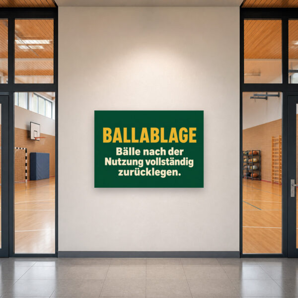 KI-generiertes Anwendungsbeispiel: Ballablage Schild – Bälle nach der Nutzung vollständig zurücklegen am passenden Einsatzort mit gut sichtbarem Motiv und klarer Beschriftung.
