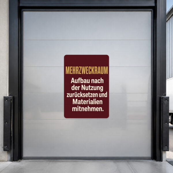 KI-generiertes Anwendungsbeispiel: Mehrzweckraum Aufkleber mit Personen beim Aufräumen von Tischen, Stühlen und Materialien.