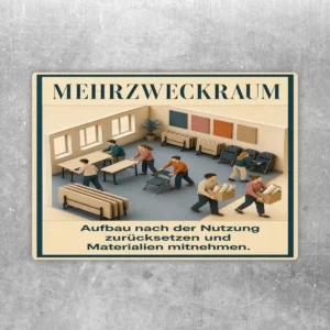 Mehrzweckraum Aufkleber mit Aufräumszene, Hinweis zum Zurücksetzen des Aufbaus und Mitnehmen von Materialien.