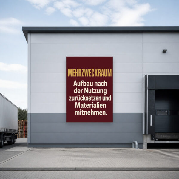 KI-generiertes Anwendungsbeispiel: Mehrzweckraum Schild mit Personen beim Aufräumen und Hinweis zum Zurücksetzen des Aufbaus.