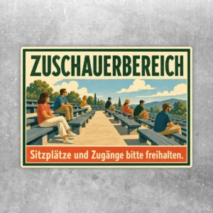 Zuschauerbereich Aufkleber mit Tribünenszene und Hinweis Sitzplätze und Zugänge bitte freihalten.