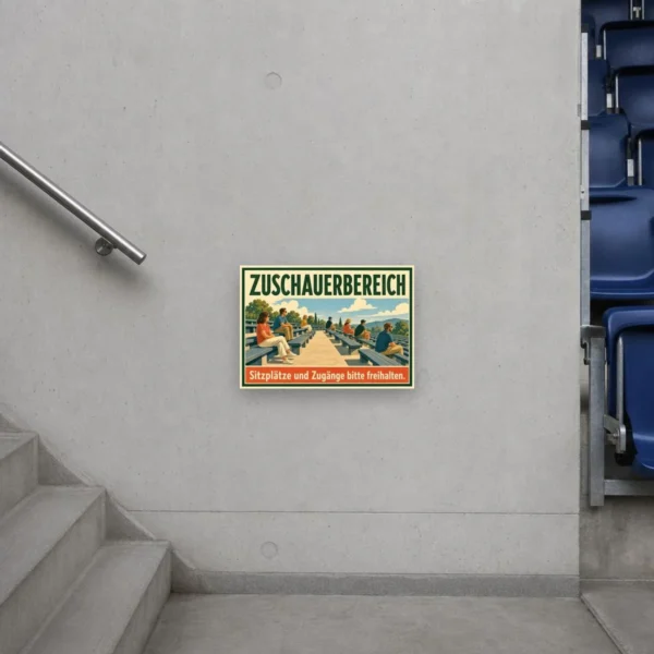 KI-generiertes Anwendungsbeispiel: Zuschauerbereich Schild „Sitzplätze und Zugänge bitte freihalten“ an einer Tribüne.
