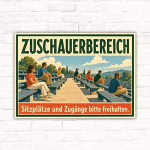 Zuschauerbereich Schild mit Text „Sitzplätze und Zugänge bitte freihalten“ und illustrativer Tribünenszene im Querformat.