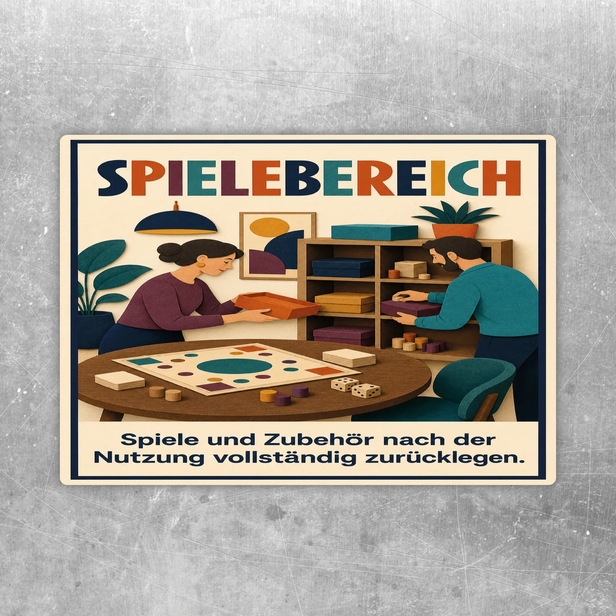 Spielebereich Aufkleber mit illustrierter Spielecke und Hinweis, Spiele und Zubehör vollständig zurückzulegen.