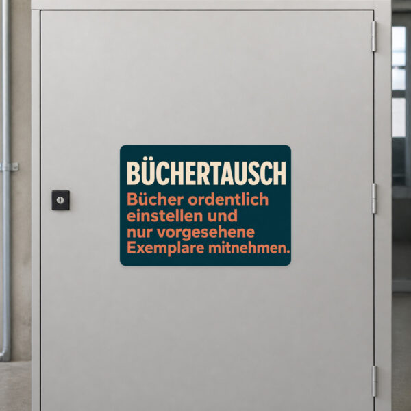 KI-generiertes Anwendungsbeispiel: Büchertausch Aufkleber an einem Regal mit Hinweis zu ordentlichen und vorgesehenen Büchern.