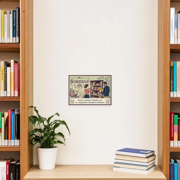 KI-generiertes Anwendungsbeispiel: Büchertausch Aufkleber an einem Regal mit Hinweis zu ordentlichen und vorgesehenen Büchern.