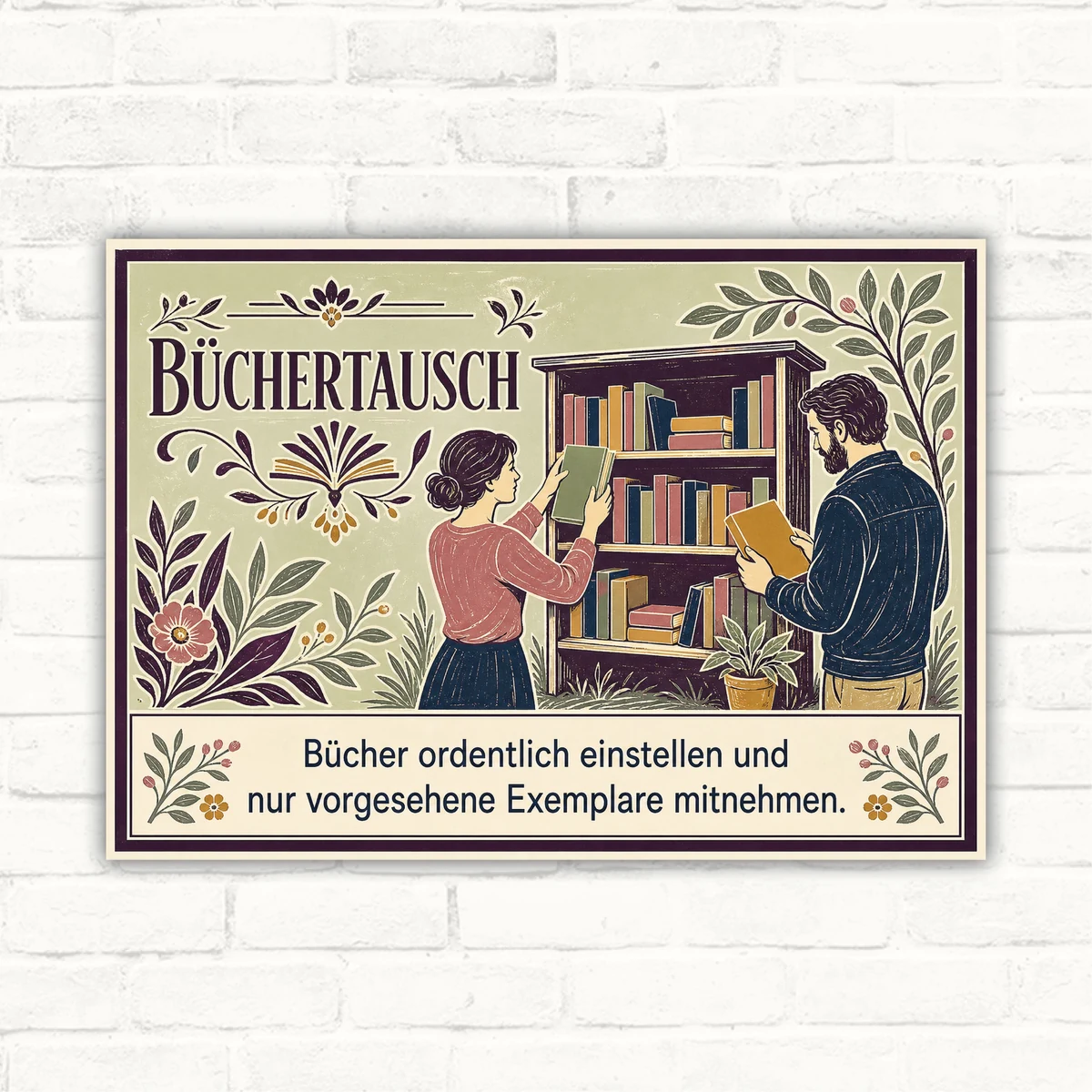 Büchertausch Schild mit Bücherregal-Motiv und Text „Bücher ordentlich einstellen und nur vorgesehene Exemplare mitnehmen“.