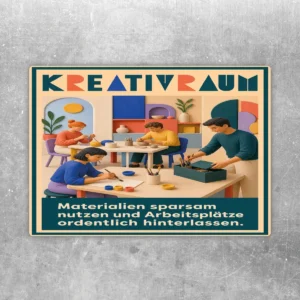 Kreativraum Aufkleber mit Szene am Basteltisch und Hinweis zu sparsamem Materialeinsatz und Ordnung.