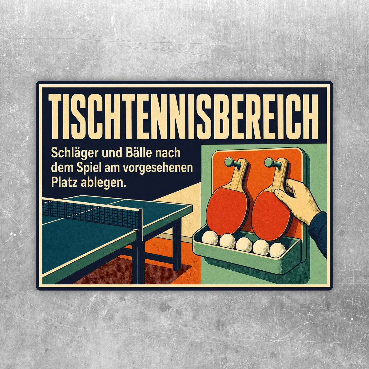 Tischtennisbereich Aufkleber mit Retro-Motiv, Tischtennistisch, Schlägern, Bällen und Hinweis zur Ablage.
